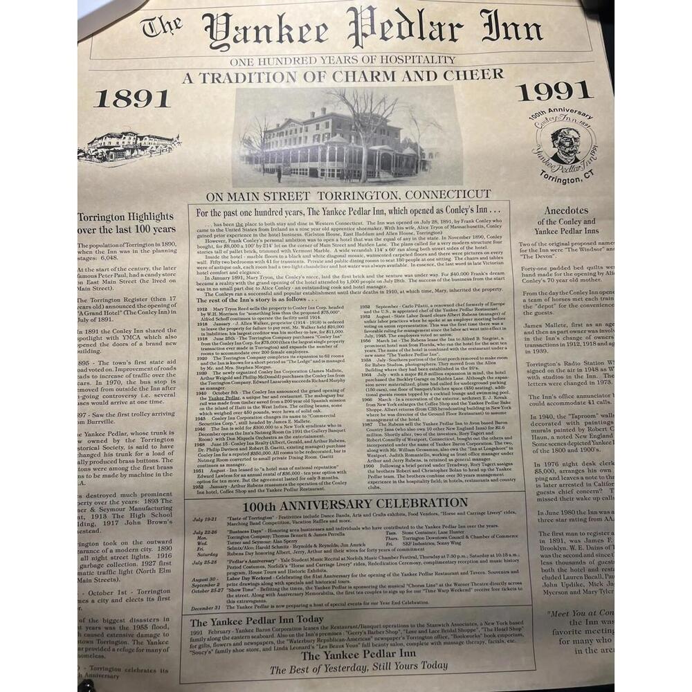 1891 -1991 Yankee Pedlar Inn Anecdotes Stories Torrington Connecticut Broadside
